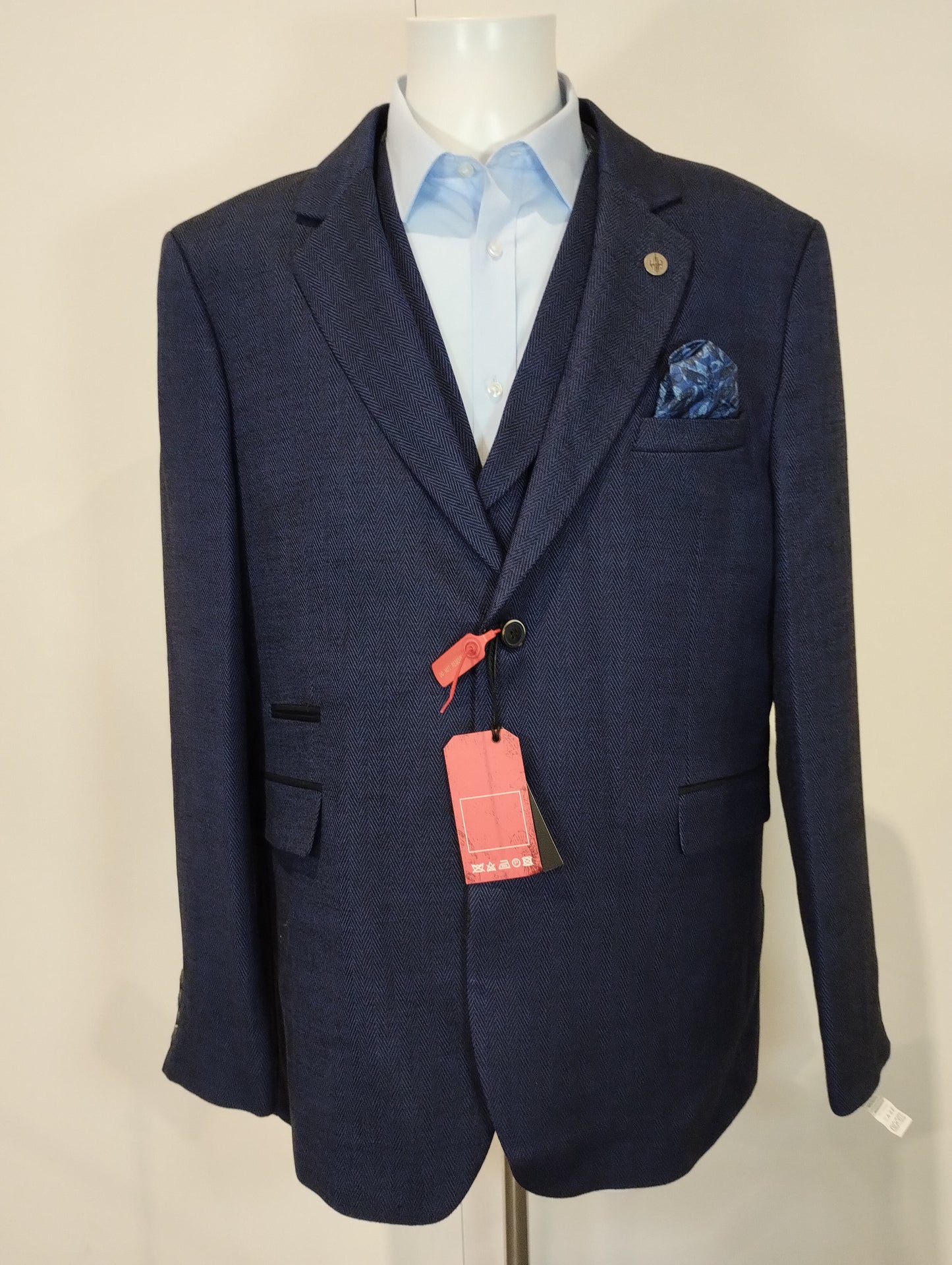 Douglas-style Navy Herringbone Tweed Three-Piece Suit with Jacket - 50, Regular Fit, Waistcoat and Trousers - 44, Regular Fit