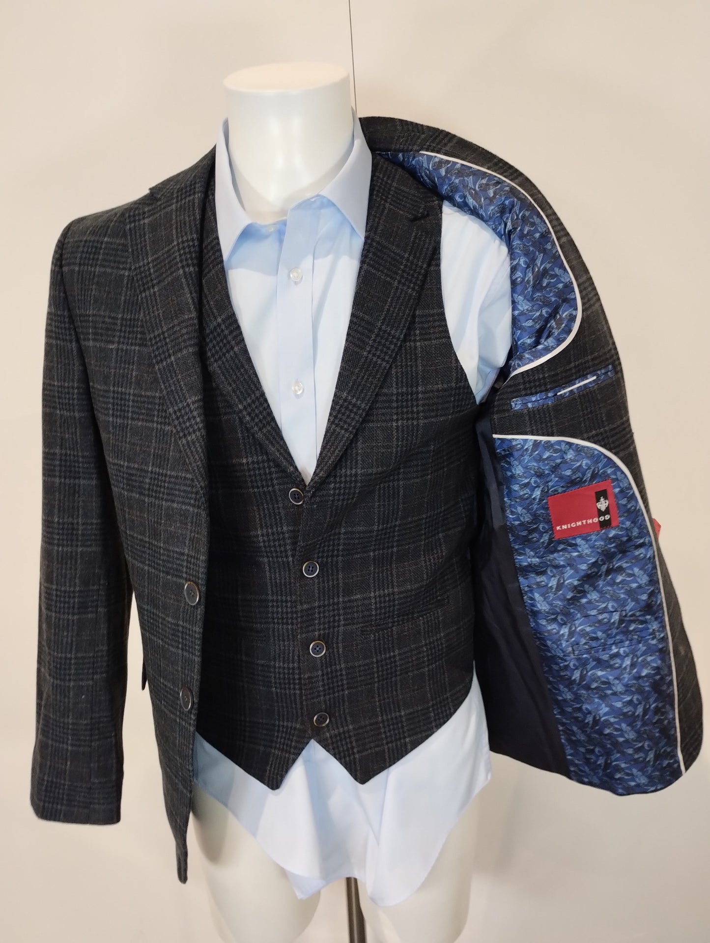 Navy Tweed Three-Piece Suit with Paisley Lining, Jacket - 36, Regular Fit, Waistcoat and Trousers - 30, Regular Fit
