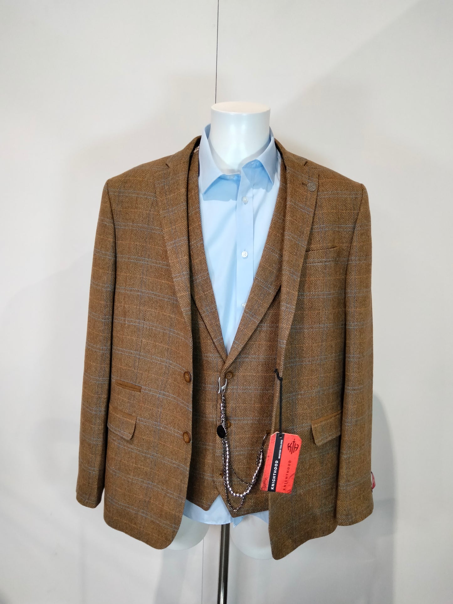 Brown Tweed Three-Piece Suit with Asterix Lining, Jacket - 48, Regular Fit, Waistcoat and Trousers - 42, Regular Fit