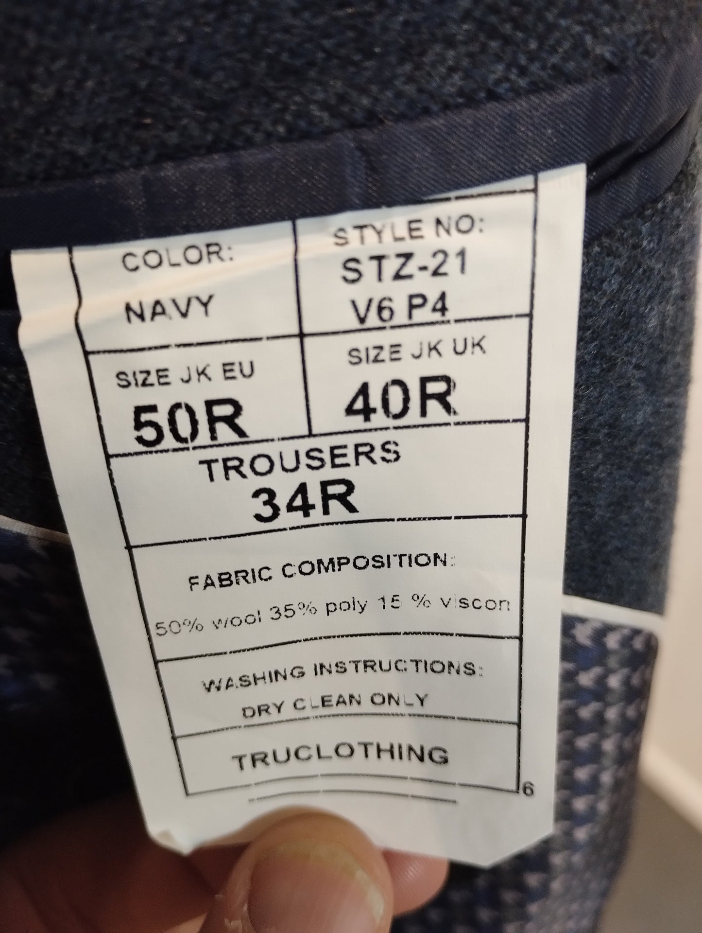 TruClothing Navy Wool Blend Three-Piece Suit with Jacket - 40, Regular Fit, Waistcoat and Trousers - 34, Regular Fit