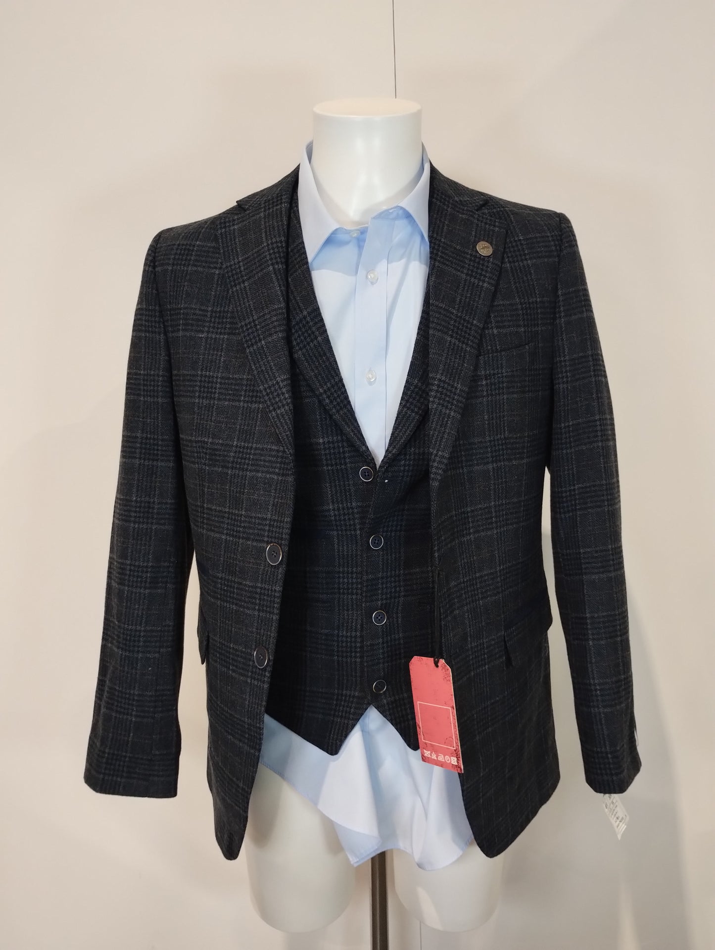 Navy Tweed Three-Piece Suit with Paisley Lining, Jacket - 36, Regular Fit, Waistcoat and Trousers - 30, Regular Fit