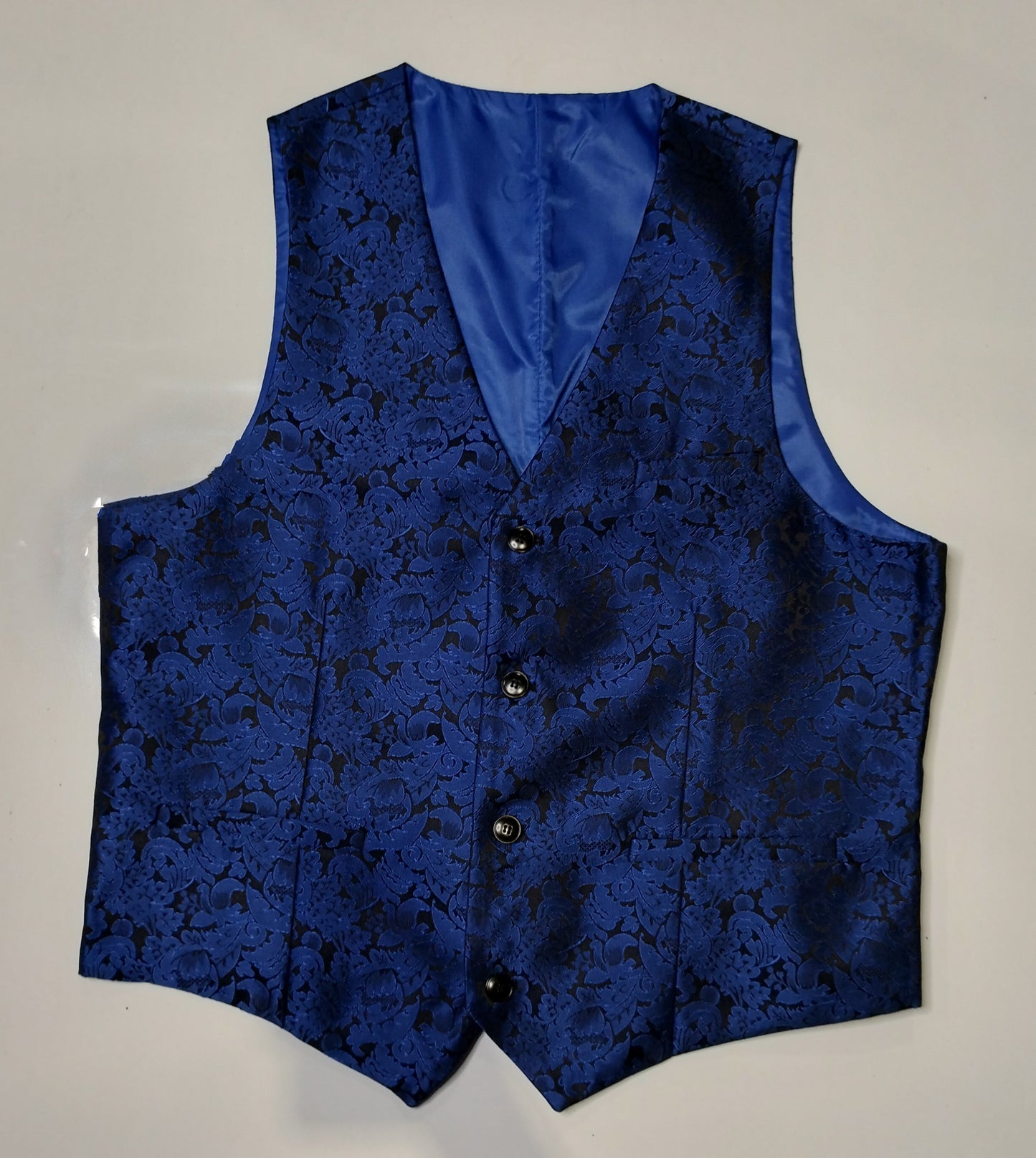 Kudoro Blue and Black Paisley Three-Piece Suit with Jacket - L, Waistcoat and Trousers - 48, Regular Fit