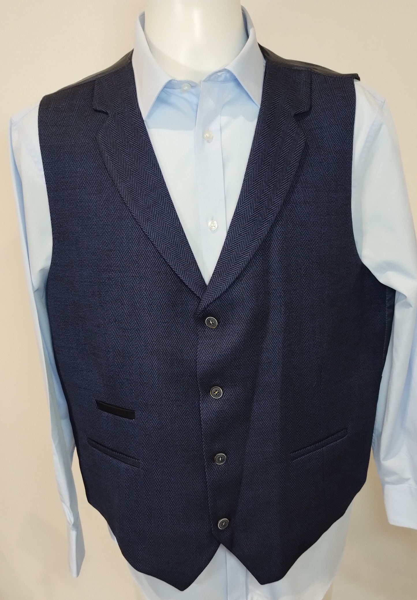 Douglas-style Navy Herringbone Tweed Three-Piece Suit with Jacket - 50, Regular Fit, Waistcoat and Trousers - 44, Regular Fit