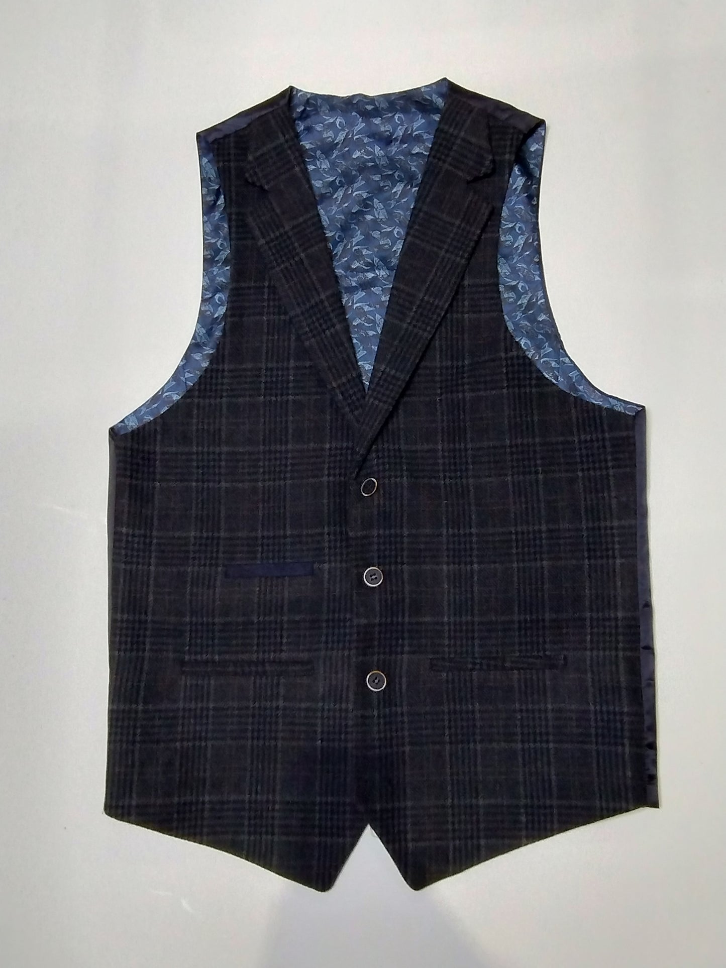 Navy Tweed Three-Piece Suit with Paisley Lining, Jacket - 36, Regular Fit, Waistcoat and Trousers - 30, Regular Fit